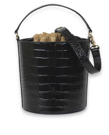 Bucket de piel grabada en coco negro Leandra. Bolso de piel made in Spain imagen frontal.