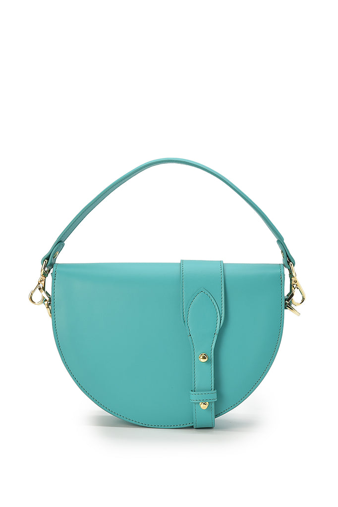 Imahen trasera de bolsotipo  Saddle bag de piel turquesa made in Spain Leandra.