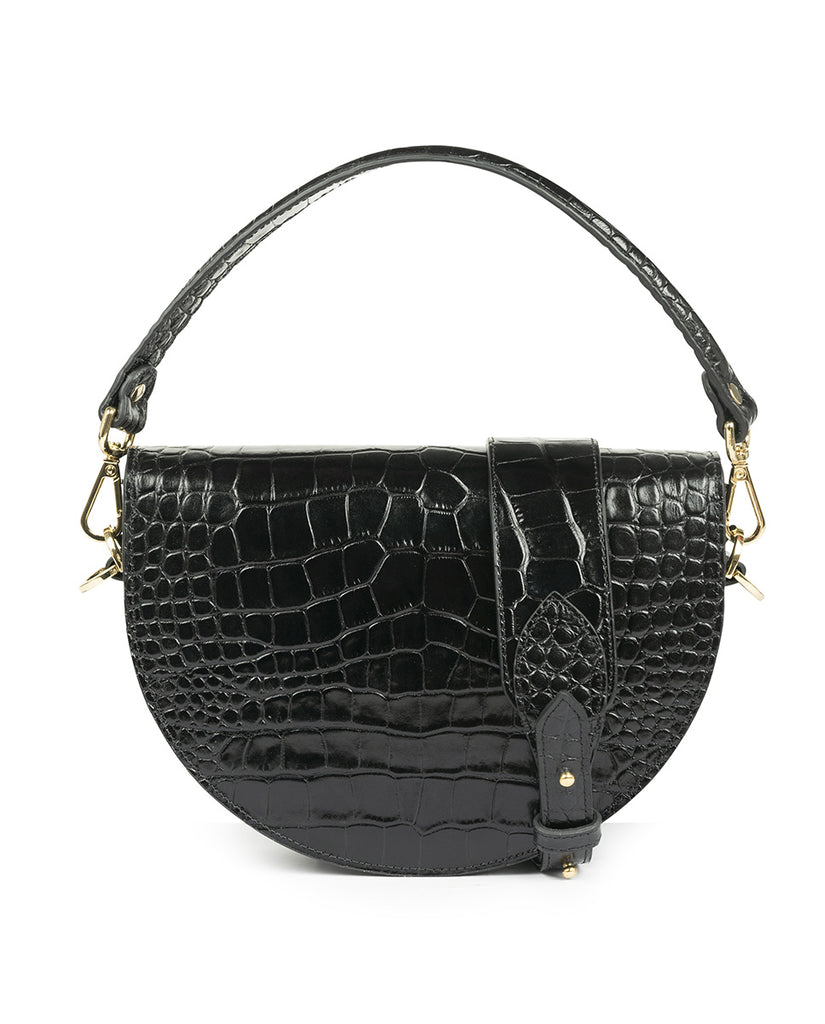 Imagen trasera de bolso bandolera tipo saddle bag de piel grabada en coco negro Leandra. Bolso de piel made in Spain Leandra