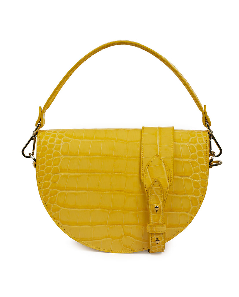 Imagen trasera de bolso tipo Saddle bag de piel grabada en coco amarillo Leandra. Bolso de piel made in Spain Leandra