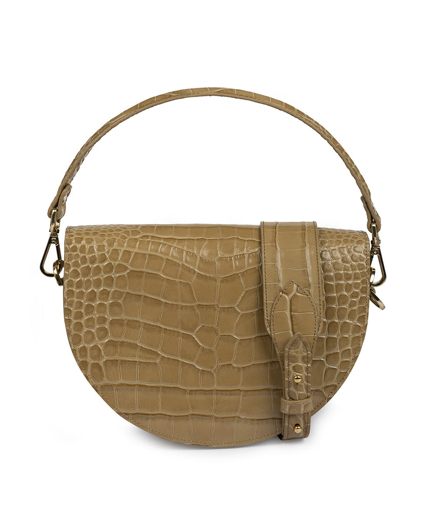 Imagen trasera de Bandolera tipo saddle bag de piel grabada en coco color arena Leandra. Bolso de piel made in Spain Leandra