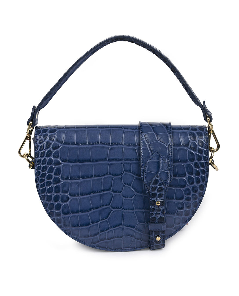 Imagen trasera de bolso saddle bag de piel grabada en coco azul Leandra. Bolso de piel made in Spain Leandra