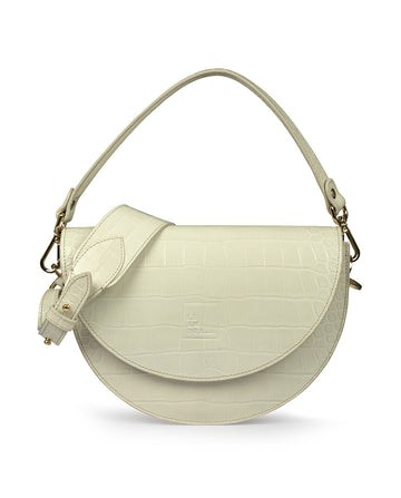 Imagen frontal de bolso saddle bag en  piel grabada en coco crema Leandra. Bolso de piel made in Spain Leandra