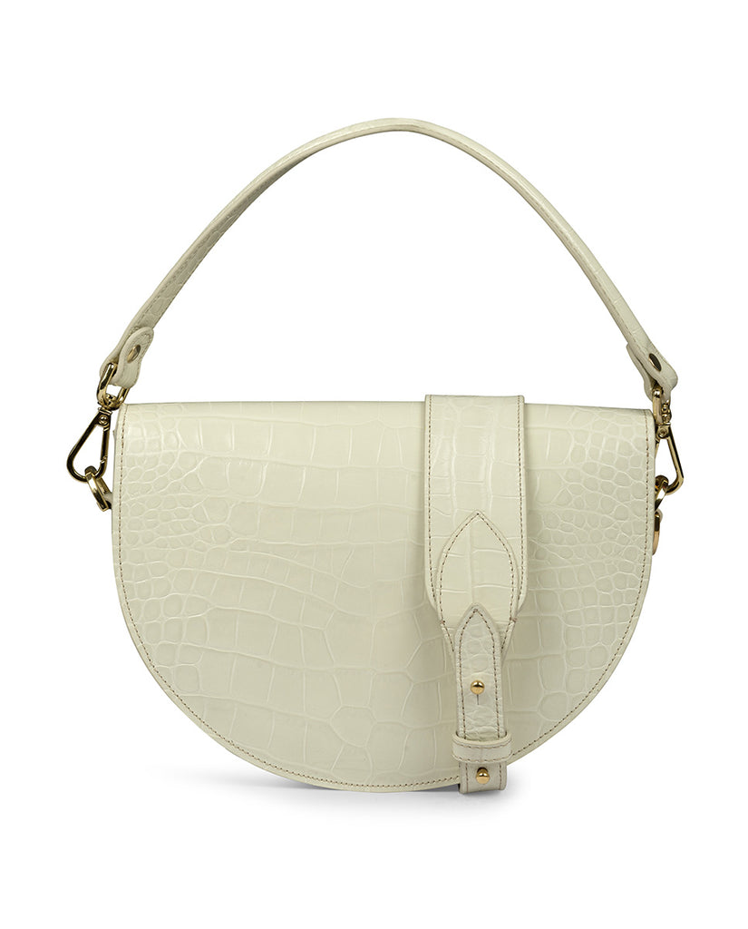 Imagen trasera de bolso saddle bag de piel grabada en coco blanco Leandra. Bolso de mano con asa bandolera de piel made in Spain Leandra