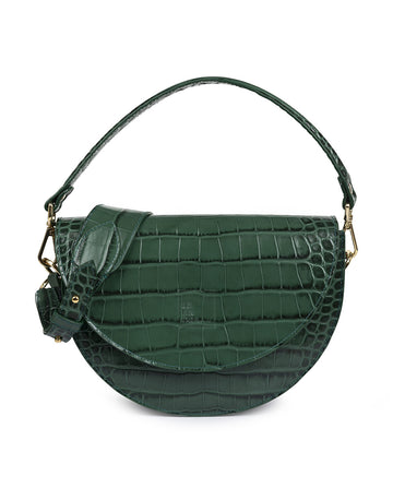 Imagen frontal de Bolso tipo saddle bag de piel grabada en coco verde Leandra. Bolso piel made in Spain Leandra