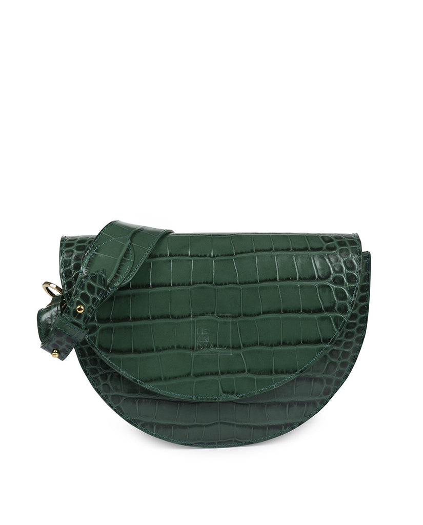 Imagen frontal de Bolso tipo bandolera de mujer tipo saddle bag de piel grabada en coco verde Leandra sin asas. Bolso piel made in Spain Leandra