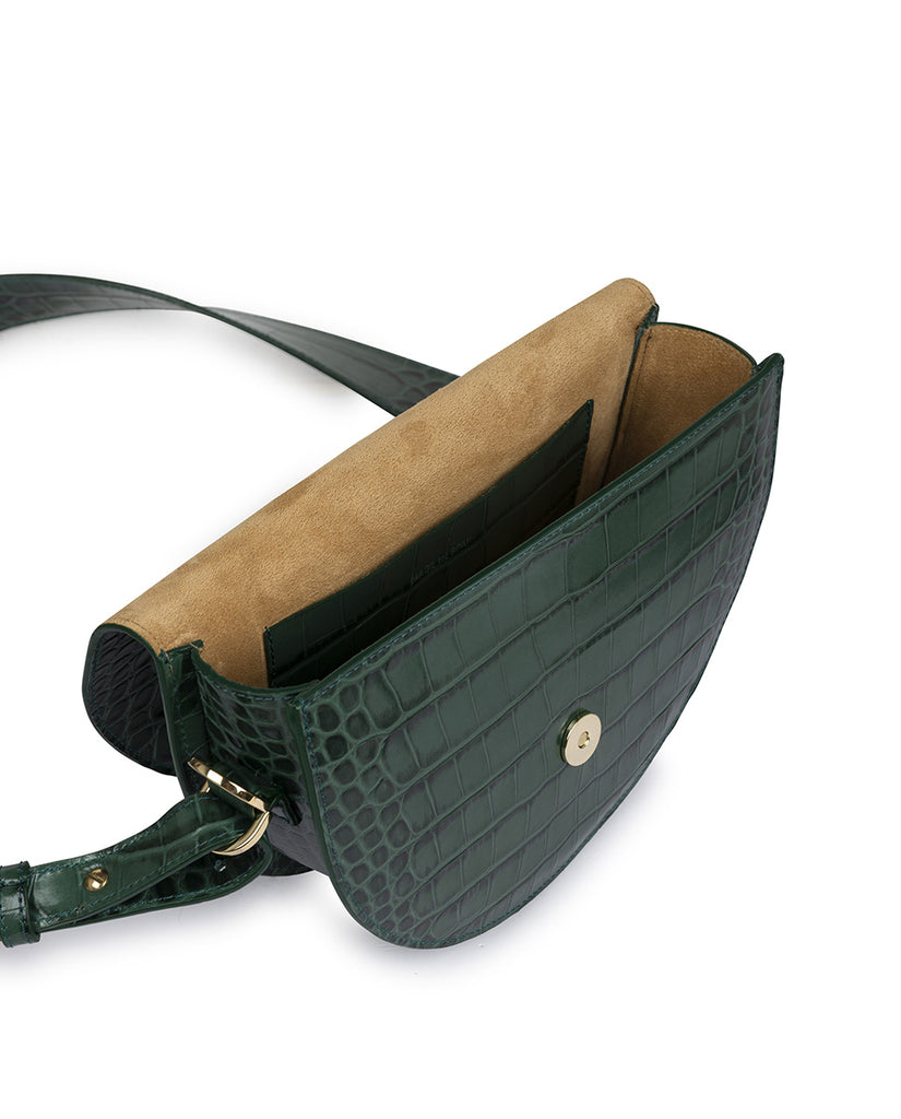 Imagen interior de bolso tipo Saddle bag  piel grabada en coco verde Leandra. Bolsos piel made in Spain Leandra