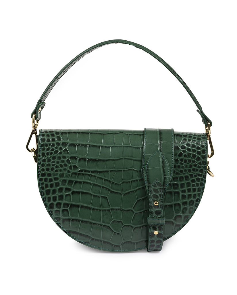 Imagen trasera de bolso tipo Bandolera tipo saddle bag de piel grabada en coco verde Leandra. Bolso made in Spain Leandra