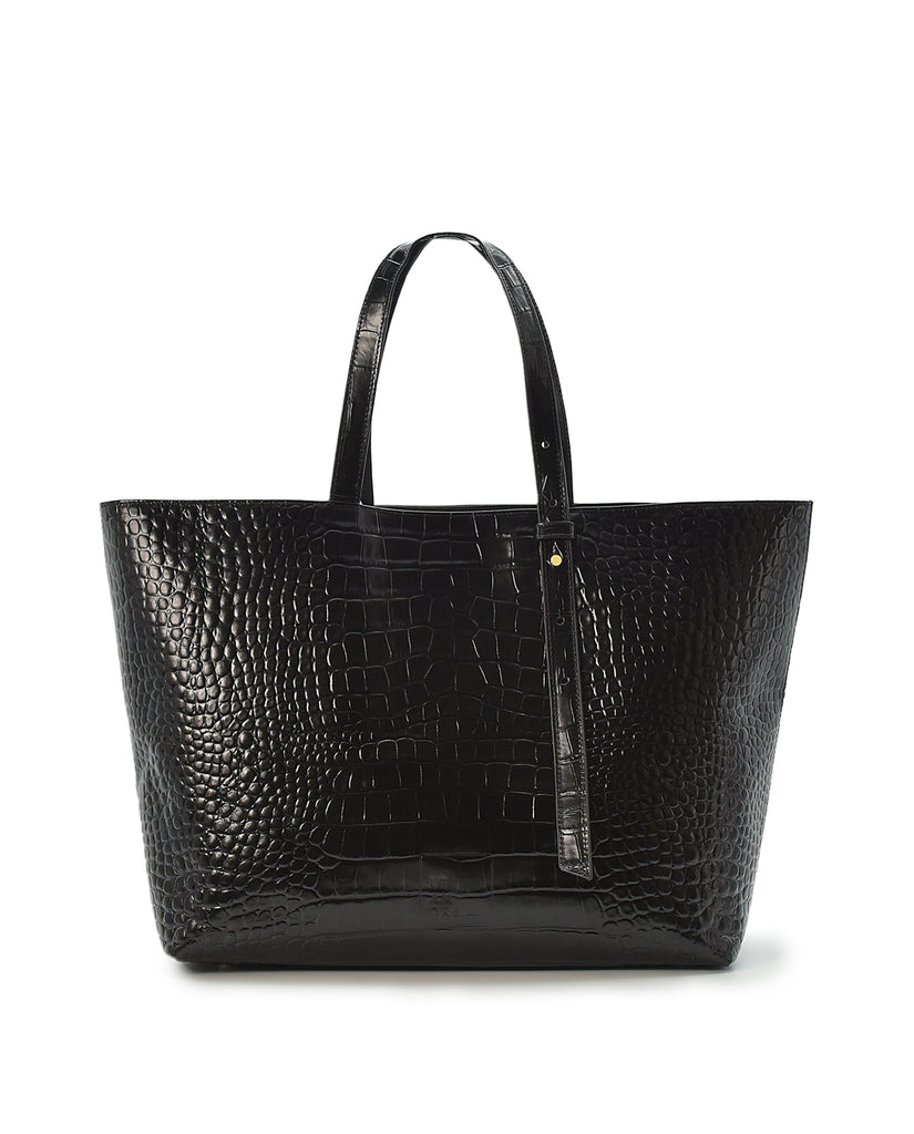 Imagen trasera. de bolso shopping bag negro de piel grabada en coco Leandra made in Spain