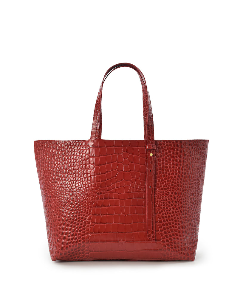 Imagen trasera de bolso shopping bag de piel grabada en coco color rojo fabricada en Ubrique Leandra