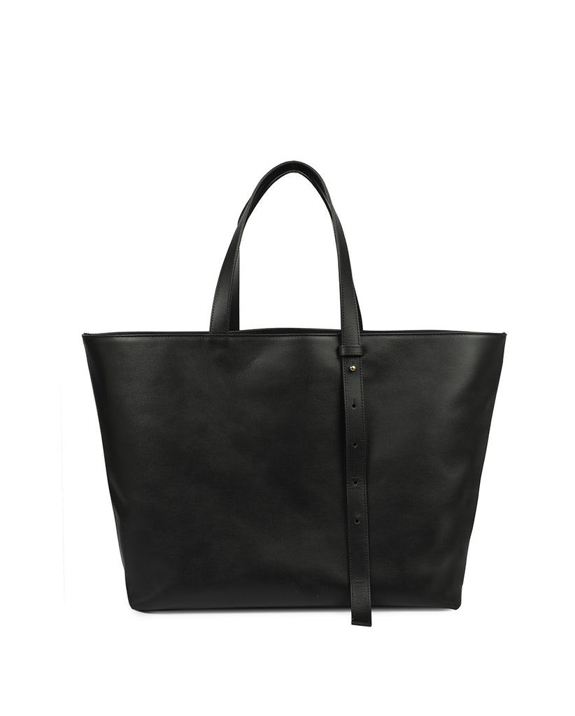 Imagen trasera de bolso shopping bag de piel de color negro Leandra. Bolsos handmade de piel made in Spain Leandra