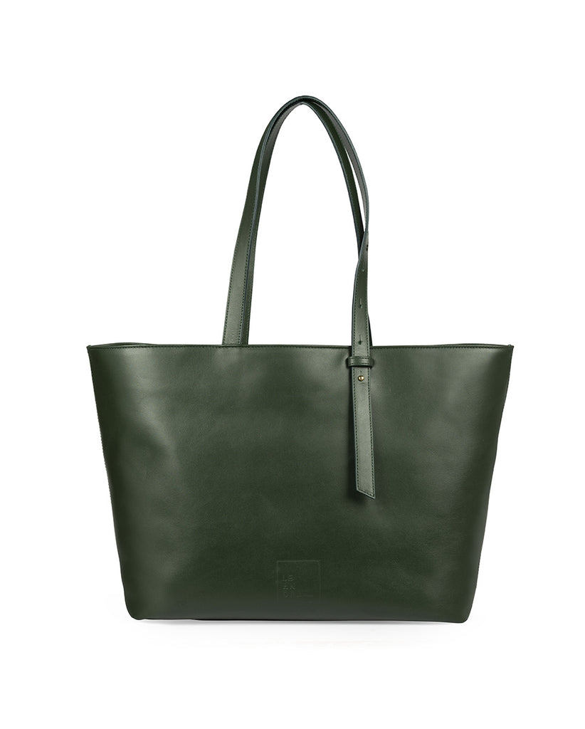 Imagen frontal de bolso tipo shopping bag de piel de color verde Leandra. Bolso de piel made in Spain Leandra.