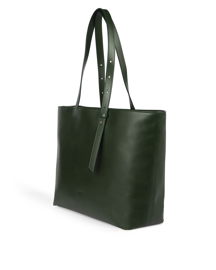 Imagen lateral de bolso tipo Shopping bag de piel de color verde Leandra. Bolso de piel made in Spain Leandra