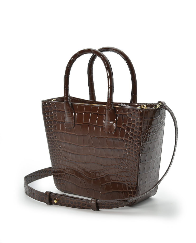 Imagen de bolso con doble asa de piel grabada en coco tipo trapecio color marrón oscuro con asa fija y asa larga ajustable y extraíble made in Spain Leandra.