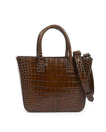 Imagen frontal de bolso tipo trapecio de piel grabada en coco marrón Leandra. Bolso made in Spain Leandra  ver más en leandrabrand.com