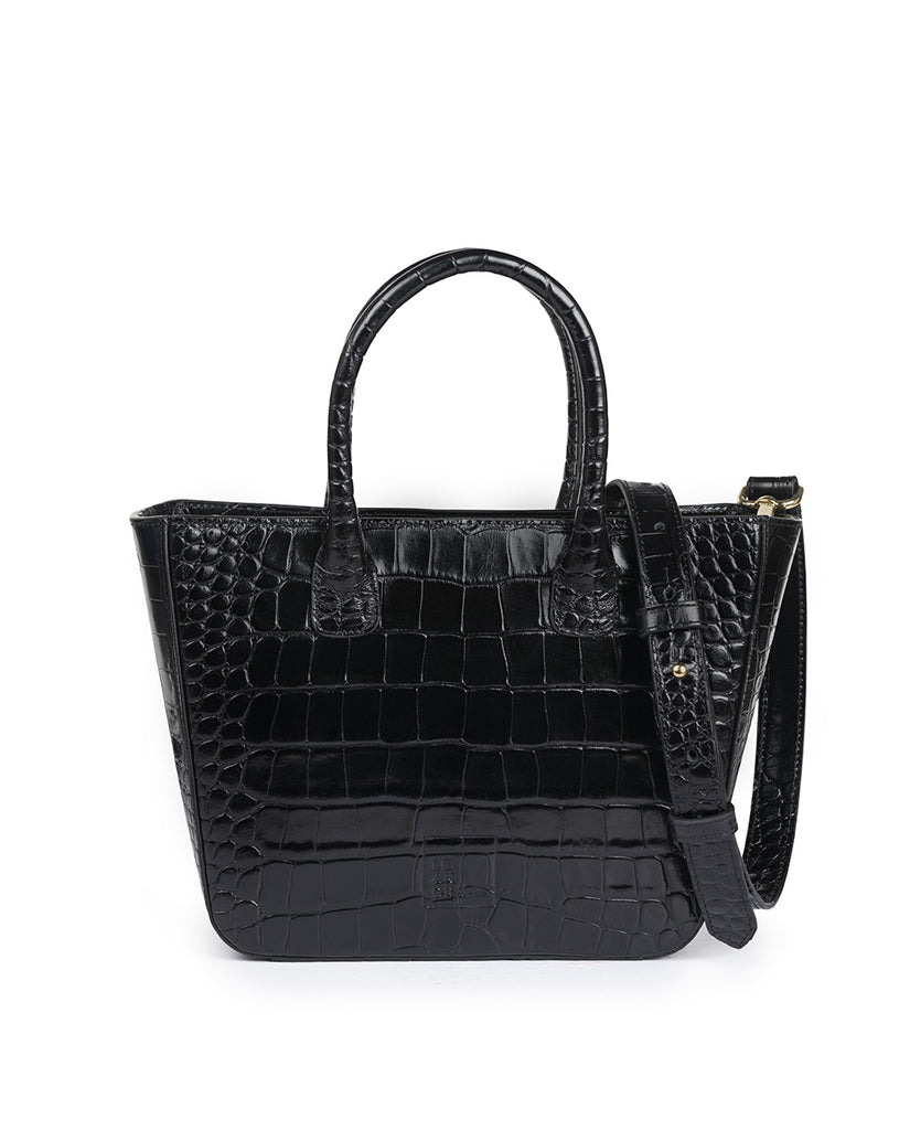 Imagen frontal de bolso tipo trapecio de piel grabada en coco negro Leandra. Bolsos made in Spain Leandra