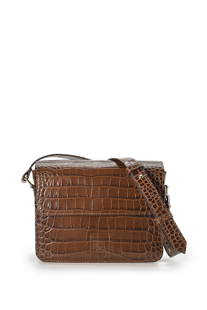 Bolso tipo bandolera de mujer rectangular con solapa de piel grabada en coco marrón Leandra made in Spain