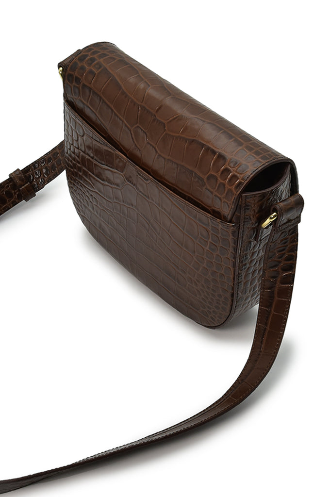 Bolso de piel tipo bandolera grabada en coco marrón Leandra made in Spain