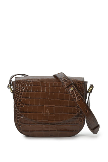 Bandolera de piel grabada en coco marrón Leandra made in Spain