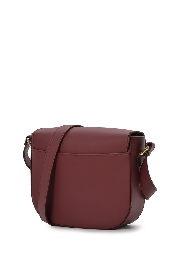 Bolso tipo Bandolera de piel burdeos con solapa Leandra made in Spain fabricada en Ubrique España y a la venta en leandrabrand.com