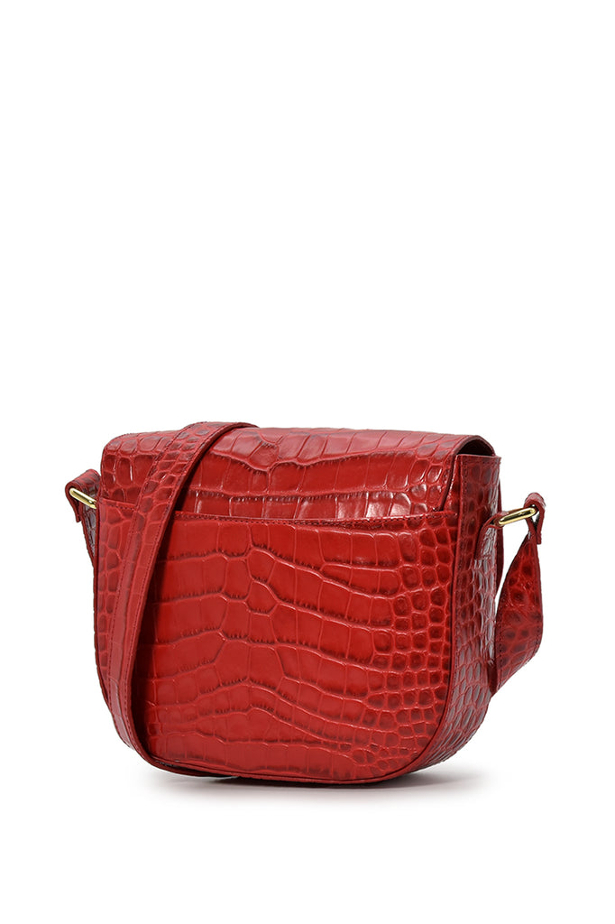 Bolso bandolera con solapa de piel grabada en coco rojo Leandra made in Ubrique en leandrabrand.com
