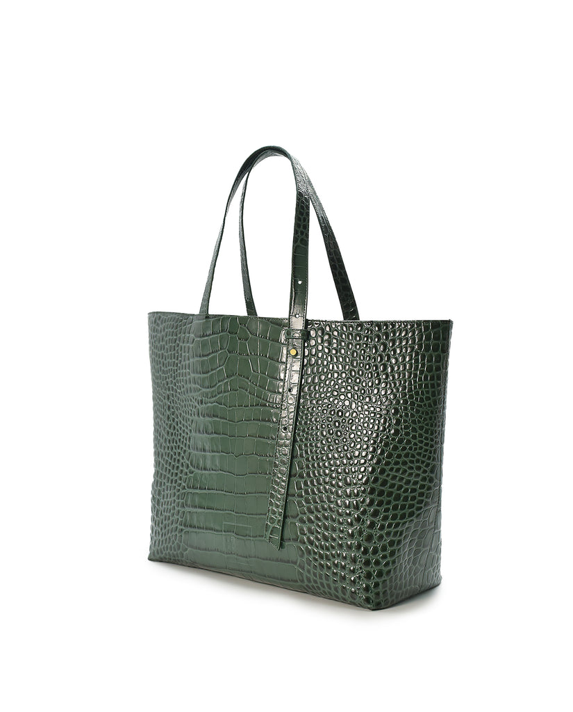 Bolso tipo shopping bag de piel grabada en coco verde Leandra fabricado en España