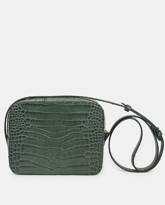 Trasera Bandolera grabada en coco verde forest Leandra. Bolso de piel de mujer made in Spain Leandra imagen posterior.