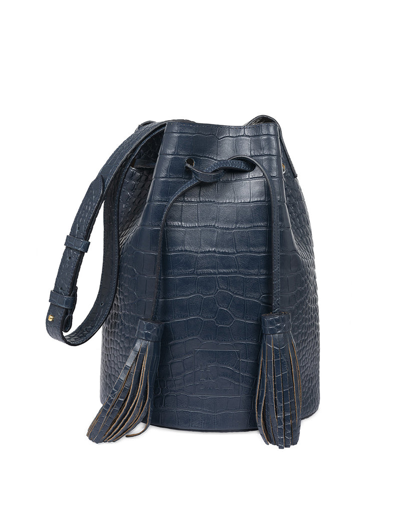 Bucket bag grabado en coco color azul Leandra. Bolso de piel Leandra Made in Spain imagen frontal
