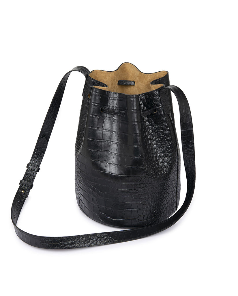 Bolso bucket bag de piel grabado en coco negro. Bolso bucket de piel made in Spain Leandra.I magen asa