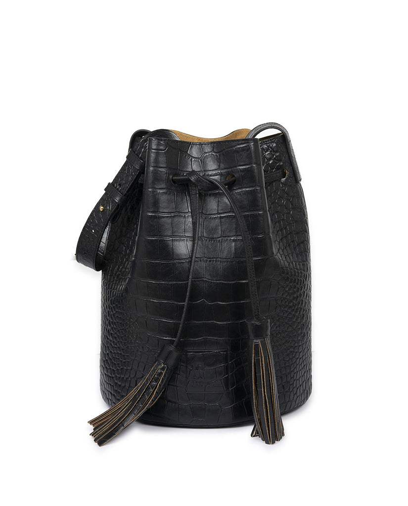 Bolso bucket bag de piel grabado en coco negro. Bolsos de piel made in Spain Leandra imagen frontal