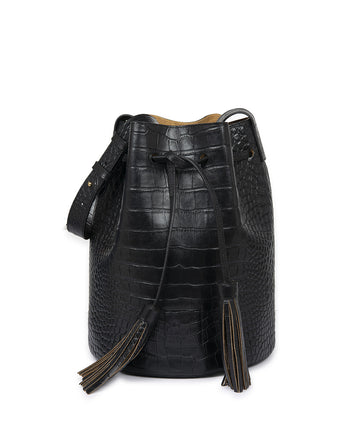 Bolso bucket bag de piel grabado en coco negro. Bolsos de piel made in Spain Leandra imagen frontal