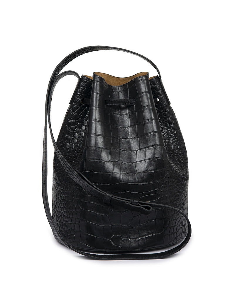 Bolso bucket bag de piel grabado en coco soft negro. Bolso de piel made in Spain Leandra imagen trasera