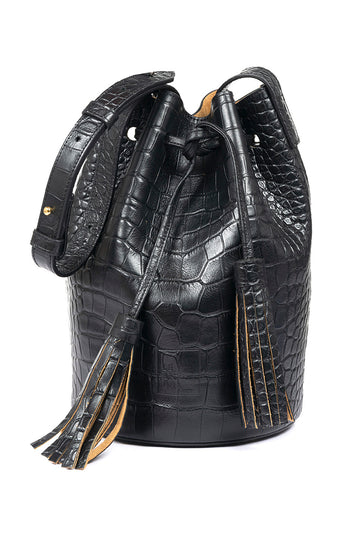Bolso tipo bucket bag mini de piel vacuna grabada en coco negro Leandra. Bolso made in Spain Leandra. Imagen frontal